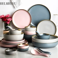 1pc nordic style ceramic solid color plate gold inlay rice sooup bowl round deep steak dinner plate tableware
