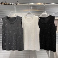 2022 summer new solid color all matching rhinestone knitted tank womens fashion round neck sleeveless loose pullover top female