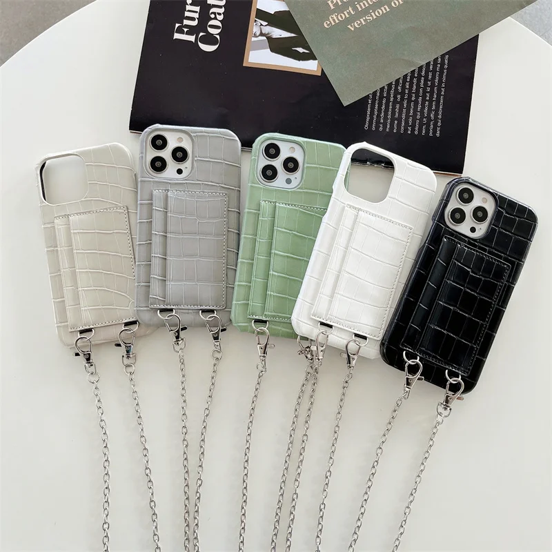 

Crocodile Pattern Leather Phone Case For iPhone 13pro 12 11pro Max X XR XS Max 7 8 Plus Card Holder Protective Cover with Chain