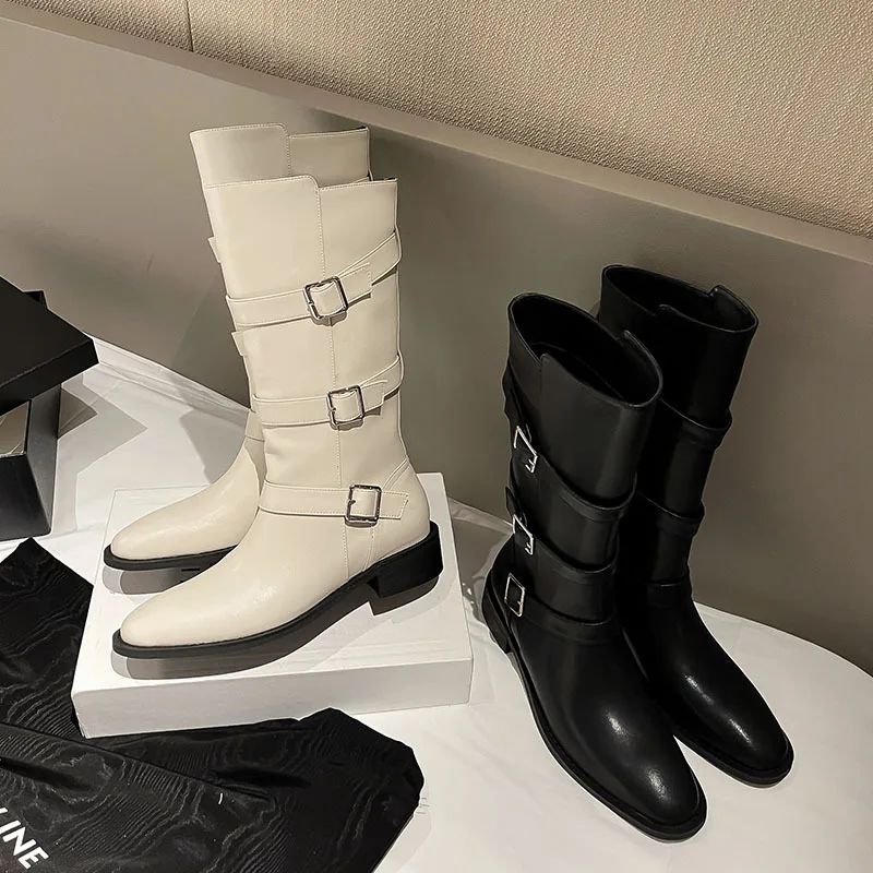 Женские ботинки из воловьей кожи с пряжкой и круглым носком