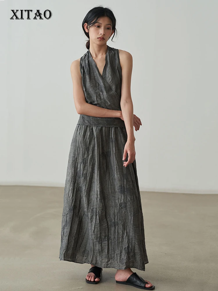 

XITAO Fashion V-neck Female Two Piece Set Women Casual Tie Dye Summer New Arrival Street Trend Folds Two Piece Set 2023 HQQ0919