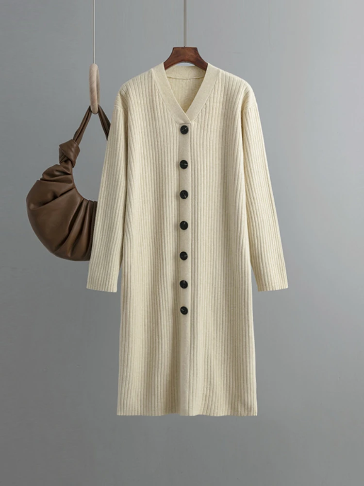 

Fall/Winter 2022 Sweater Knitted Dress Fashion Korean V-Neck Pullover Office Lady Elegant Full Sleeve Straight Long Solid Dress