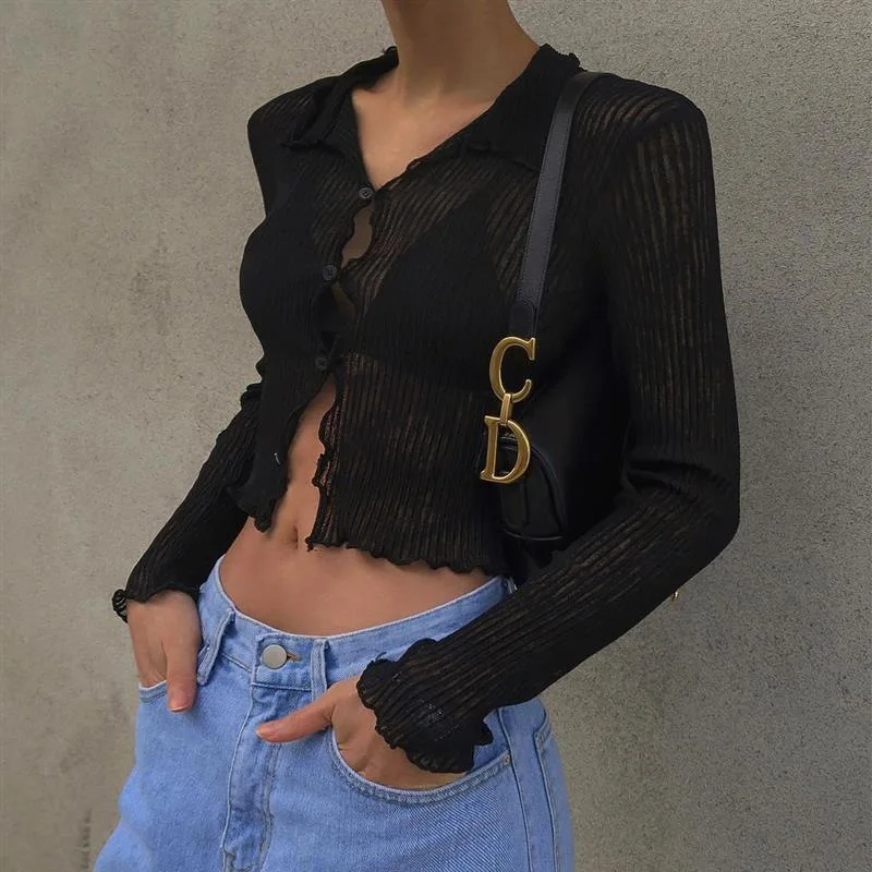 

Knitting See Through Black T-Shirts Women Autumn Trend Long Sleeve Ruffles Skinny Black Tops Button Soft Casual Autumn E girl