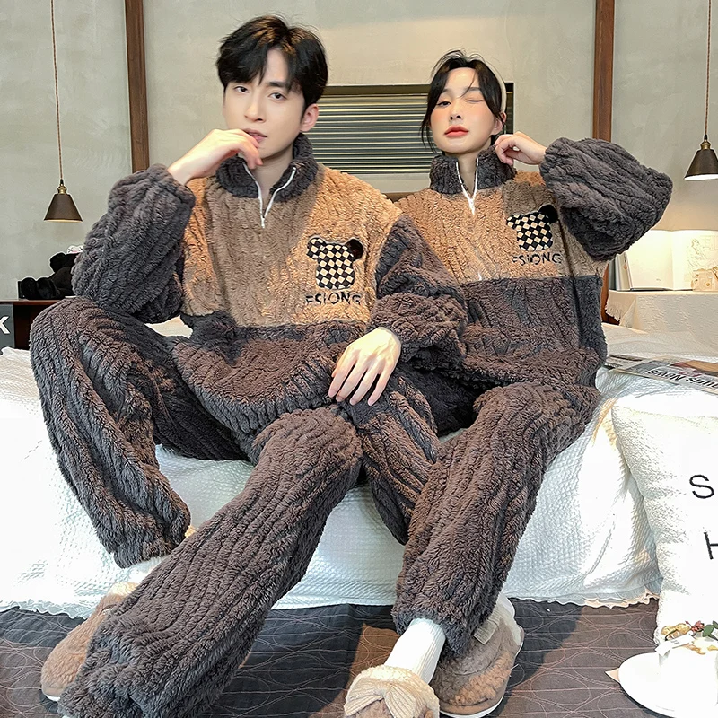 

QUHENG Winter Pajamas Set for Men Women for Women Coral Fleece Solid Color Zipper Sets Women Flannel Home Loungewear Sleepwear