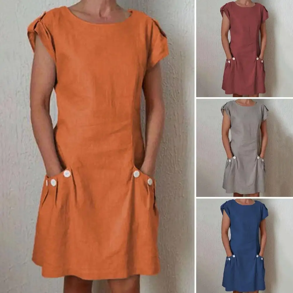 

Fashion Dress Pure Color Casual Dress Double Pocket Casual Dress