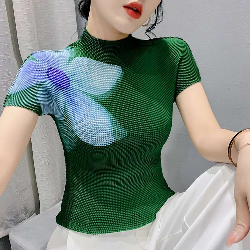 

Women Half Turtleneck Slim T Shirts Lady Elegant Printed Big Flowers Stretchy Tops Tees Female Fashion Sheath T-Shirt