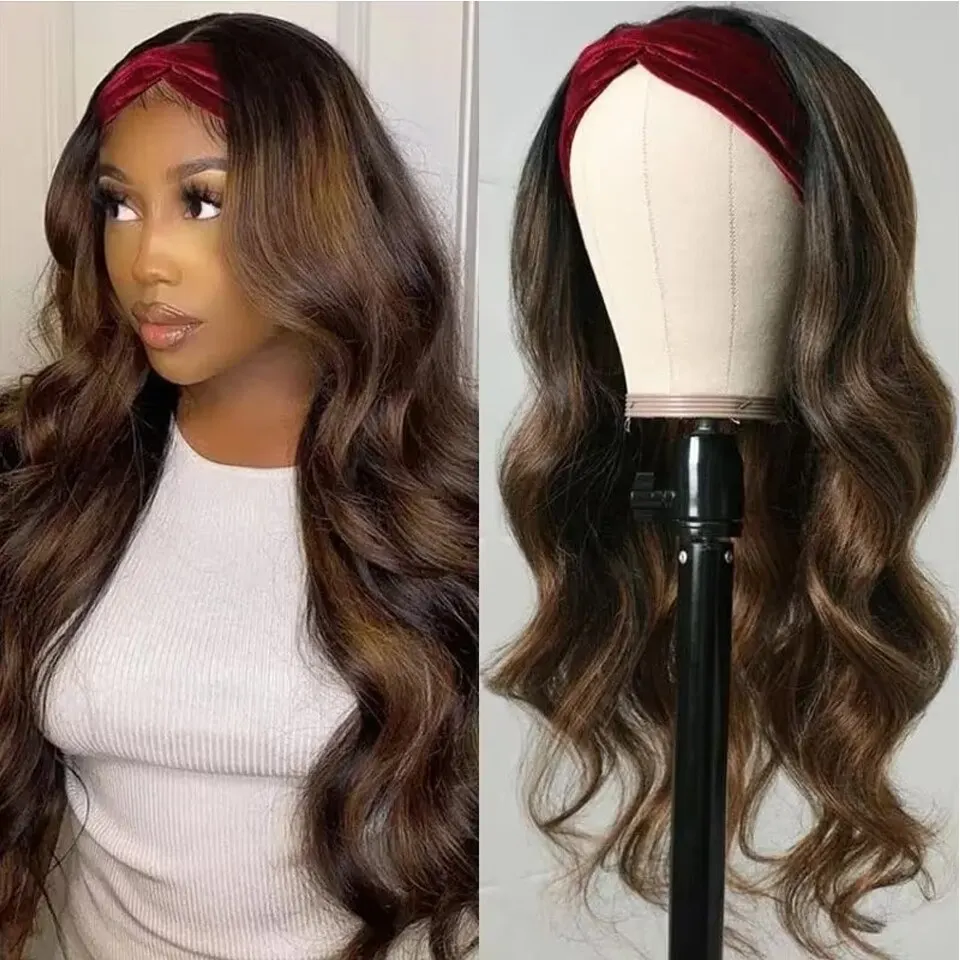 1B/30 Highlight Brown Body Wave Headband Wigs Glueless Human Hair Wigs For Black Women Brazilian Remy Body Wave Headband Wig