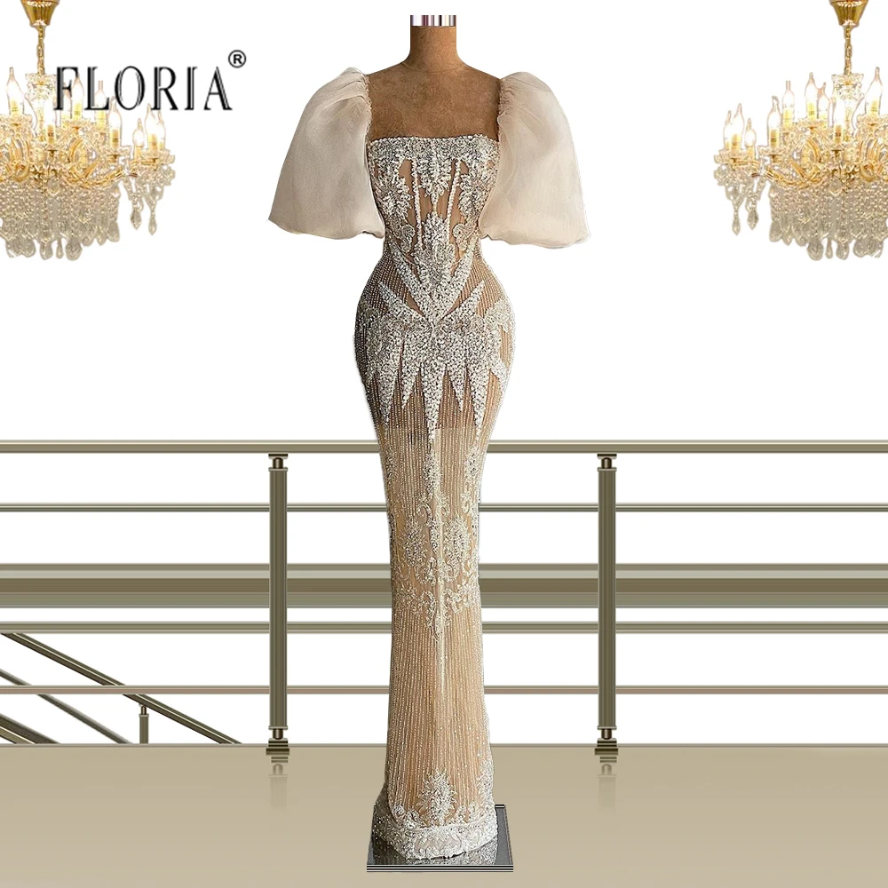 

Organza Lantern Sleeve Crystals Beads Mermaid Evening Dress Square Neck Silver Sparkly Prom Gowns for Party Women Wedding Gowns