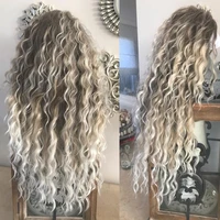 womens long curly hair synthetic wig brown roots ombre blonde curly wavy hair female loose wave wig costume party wig peruca