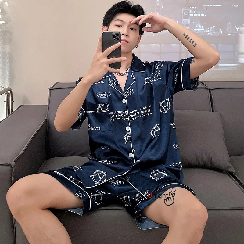 Men Short Set Satin Silk Large Size Pyjamas Summer Sleepwear Home Clothes Stripe Sleep Tops Big Size 4XL Plaid Pijama Hombre