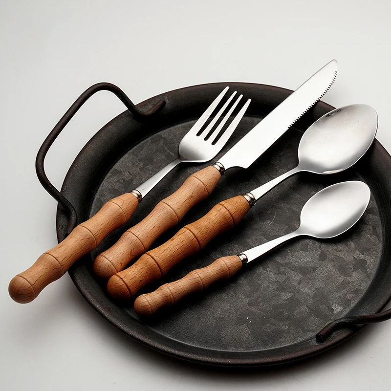 

16pcs Dinnerware Set Stainless Steel Tableware Bamboo Design Handle Cutlery Steak Knife Fork Spoon Silverware Dishwasher Safe