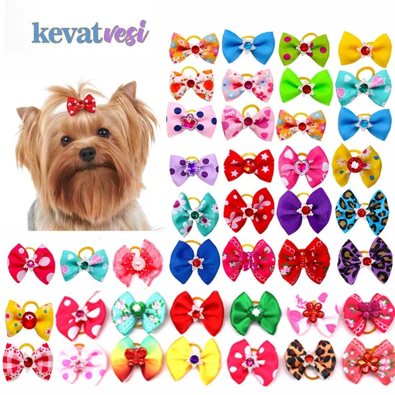 

10/20Pcs Pet Hair Bows Dog Hair Rubber Bands with Diamond Dog Grooming Accessories Cat Hair Clips Pet Bow Tie Cute Pets Supplies