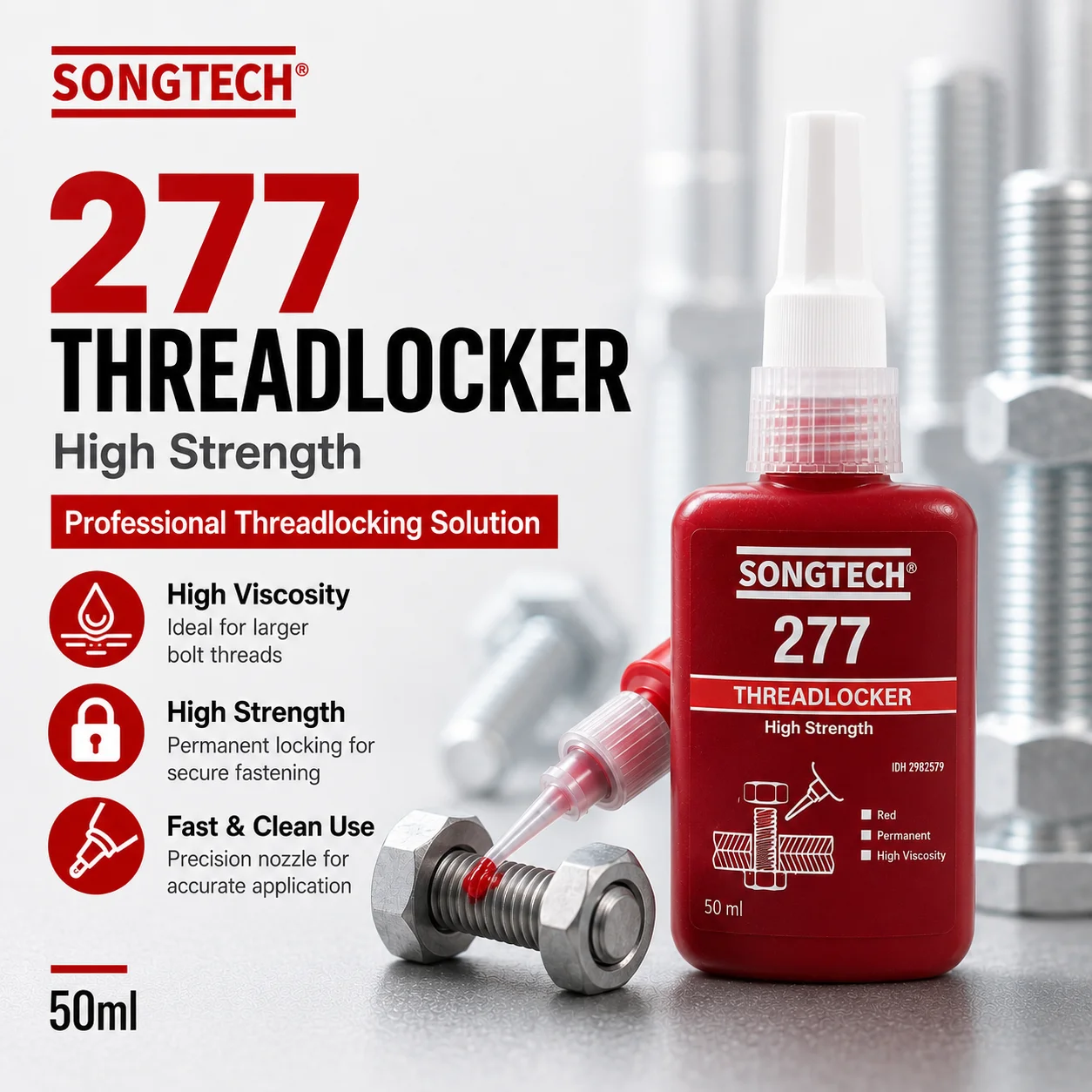 Фото Клей-фиксатор резьбы SongTech Loctite 277, высокопрочный, красный, для крупногабаритных болтов и гаек, для тяжелых металлических соединений №1