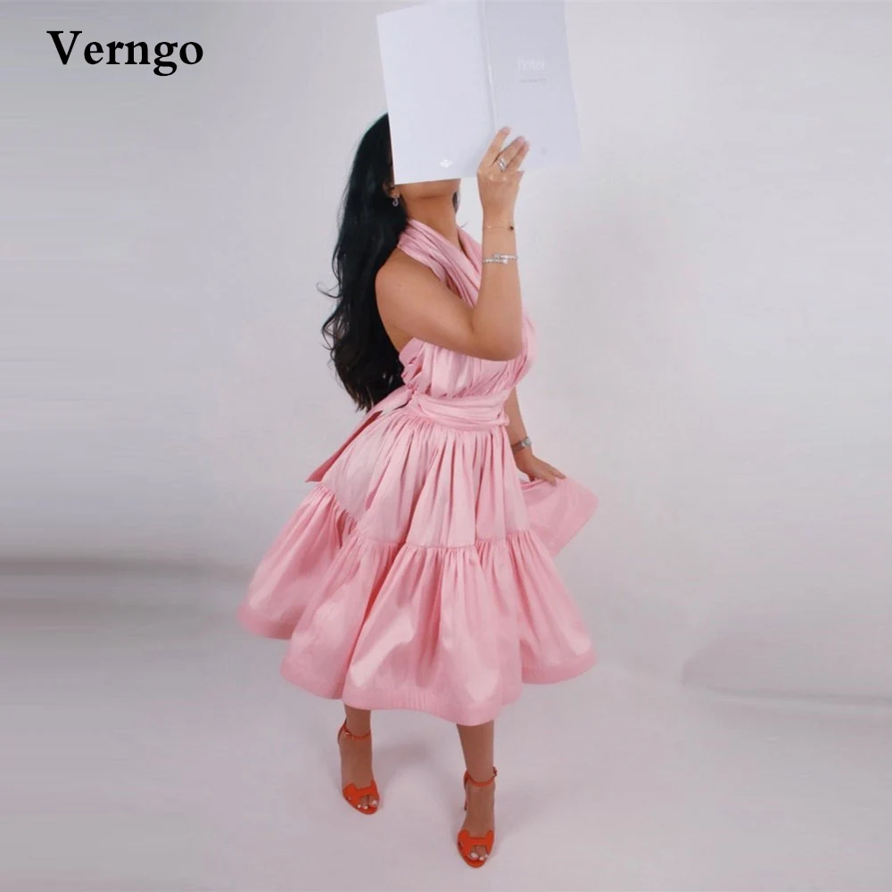 

Розовое шелковое атласное платье Verngo Baby для выпускного вечера, коктейльное платье длиной ниже колена с лямкой на шее, женское платье на выпускной