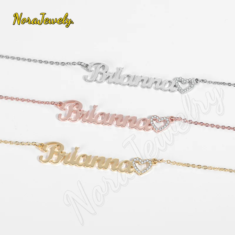 NORAJewelry Personalized Custom Name Necklace Iced Out Hollow Heart Name Stainless Steel Charm Nameplate Necklace Jewelry Women