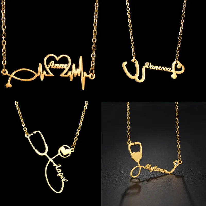 

Стетоскоп ЭКГ на заказ английское имя ожерелье Модное Имя ювелирные изделия ожерелье из нержавеющей стали подвеска золотые ожерелья