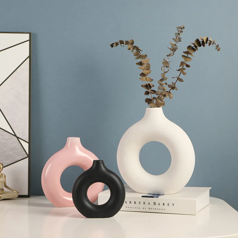 

Ceramic Flower Vase Nordic Circular Hollow Donuts Round Vase Home Decoration Desktop Ornaments Living Room Interior Accessories