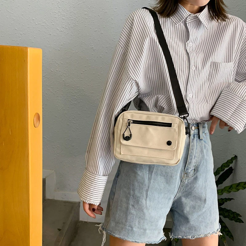 2023 Canvas Women's Crossbody Bag New Korean Shoulder Handbag Solid Color Student Phone Bag Simple Shopper Zipper Purse Bag