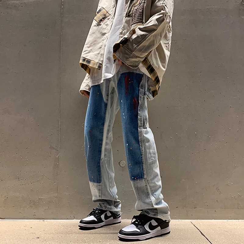 Jeans Men's High Street Paint Spot Jeans Men's Straight Loose Casual Hip Hop Design Wide Leg Mopping Pants Y2k Aesthetic Pants