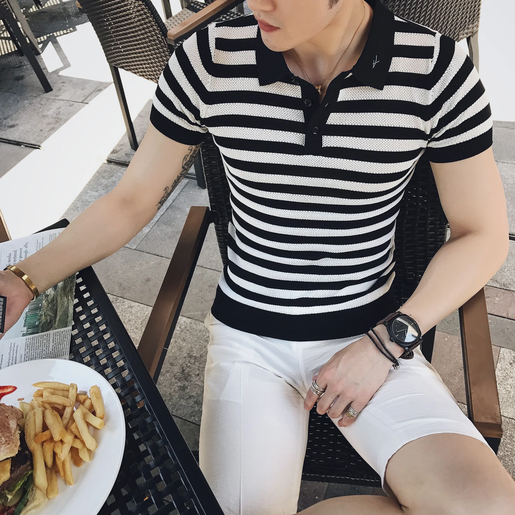 

2022 Summer Striped POLO Shirts Men Short Sleeve Lapel Tee Tops Casual Slim Fit Business Social Polos Street Wear Men Clothing