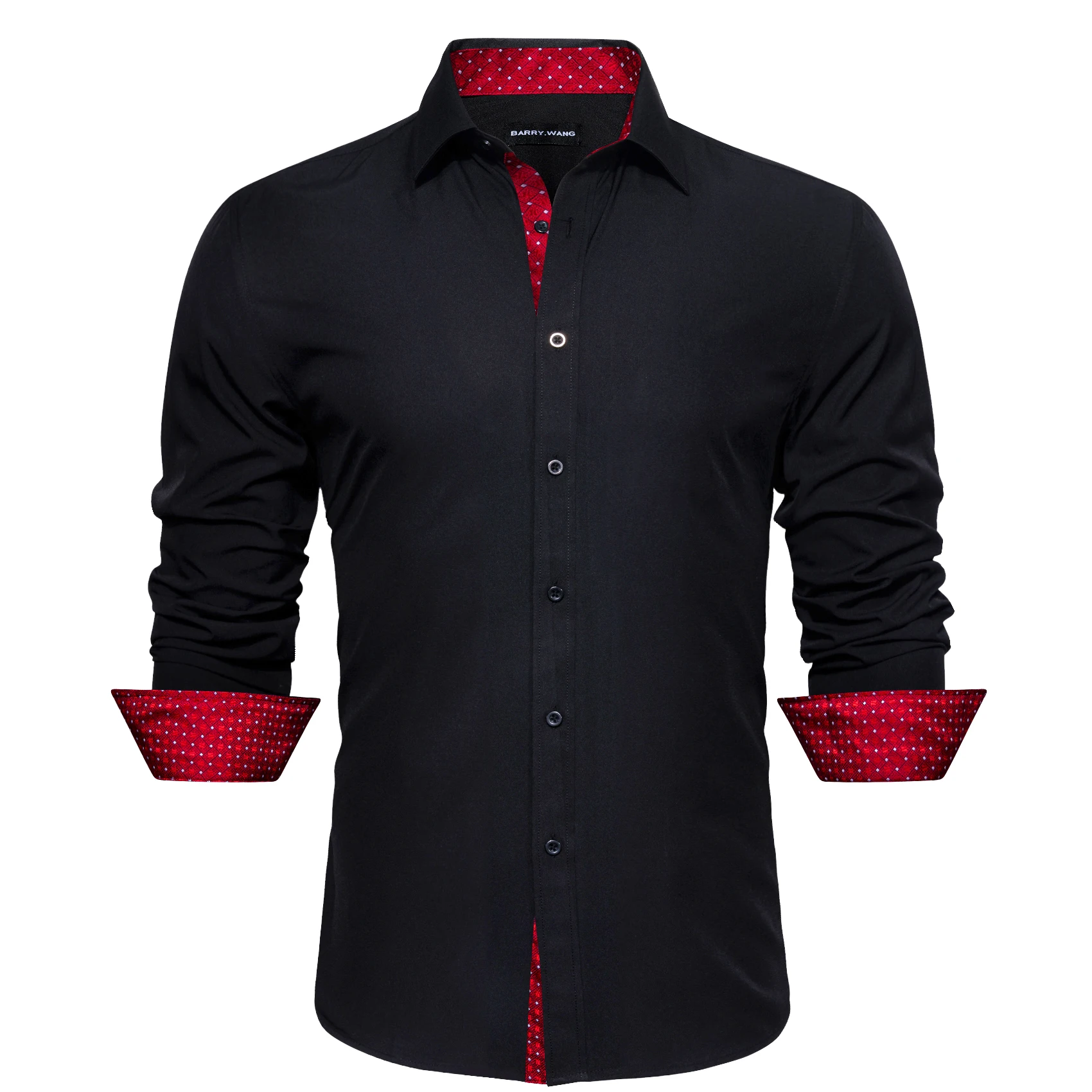 

Designer Shirts for Men Silk Long Sleeve Black Red Patch Solid Slim Fit Male Blouses Casual Spring Autumn Lapel Tops Barry Wang
