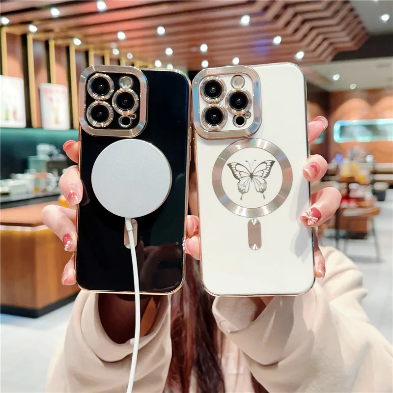 

for Magsafe Case Luxury Plating Butterfly Wireless Charging Lens Protective Phone Cover for iPhone 14 Pro 13 Pro Max 12 11 Coque