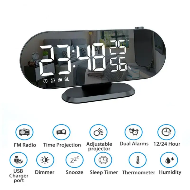 

LED Digital Projection Alarm Clock FM Radio Table Electronic Mirror LED Display Desktop Clocks USB Cahrging Wake Up Clock Snooze