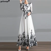 v neck long sleeve floor length print maxi dress high waist slim side zipper ladies dresses simplicity elegant chinese style