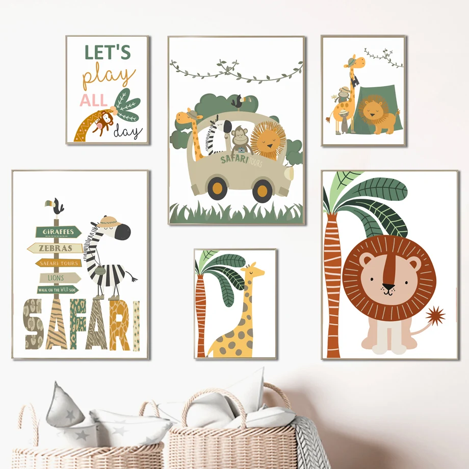 

Wall Art Prints Safari Animals Jungle Lion Giraffe Zebra Elephant Canvas Painting Nordic Poster Decor Pictures Baby Kids Room