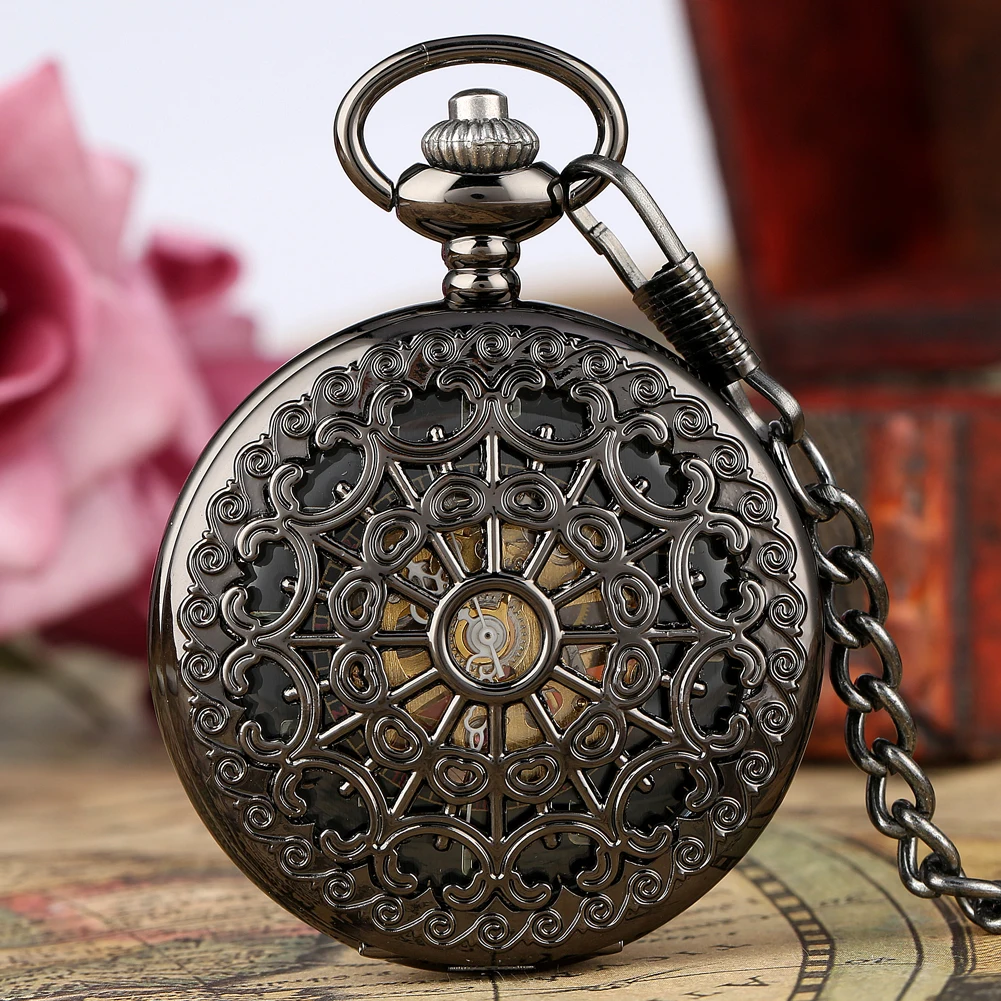 Arabic Numerals Display Manual Mechanical Pocket Watch Retro Black Spider Web Hollow Hand-Wind Pendant Man Clock Fob Chain