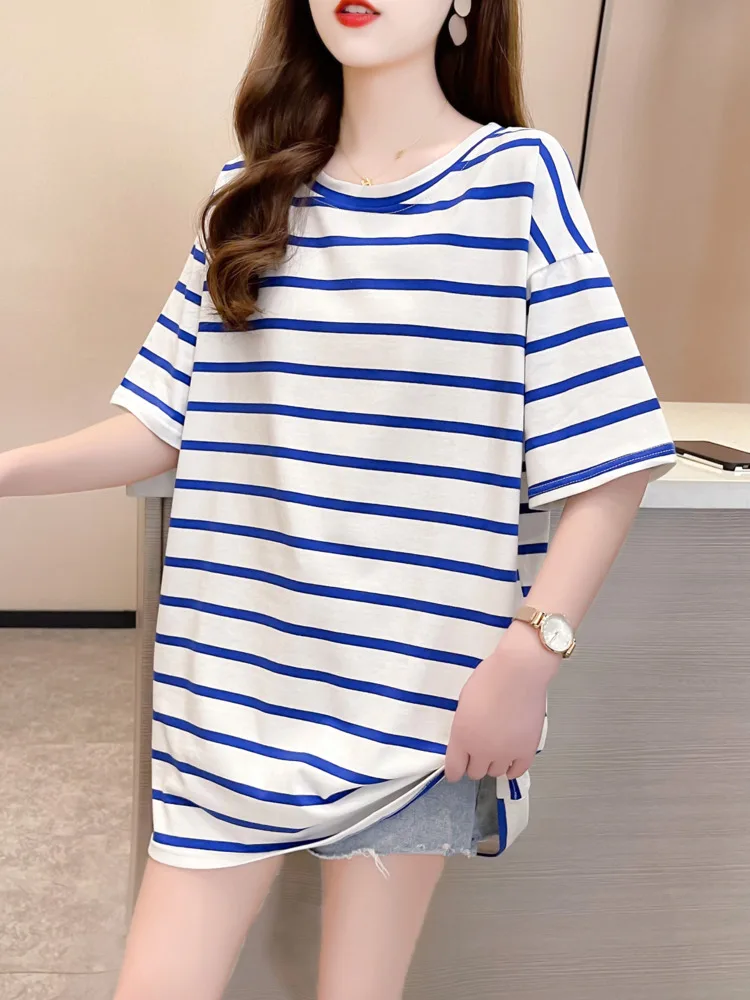 

Summer Clothes New Korean Round Neck Loose T-shirts Woman Classic Stripe Ins Short Sleeve Cotton Tshirt Oversized Casual Tops