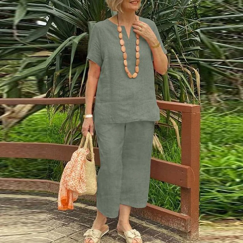 

Summer V Neck Short Sleeved Shirt and Elastic Waist Pantsloose Lady Solid Color Casual Sportswear Outfit 2023 Women 2-Piece Set