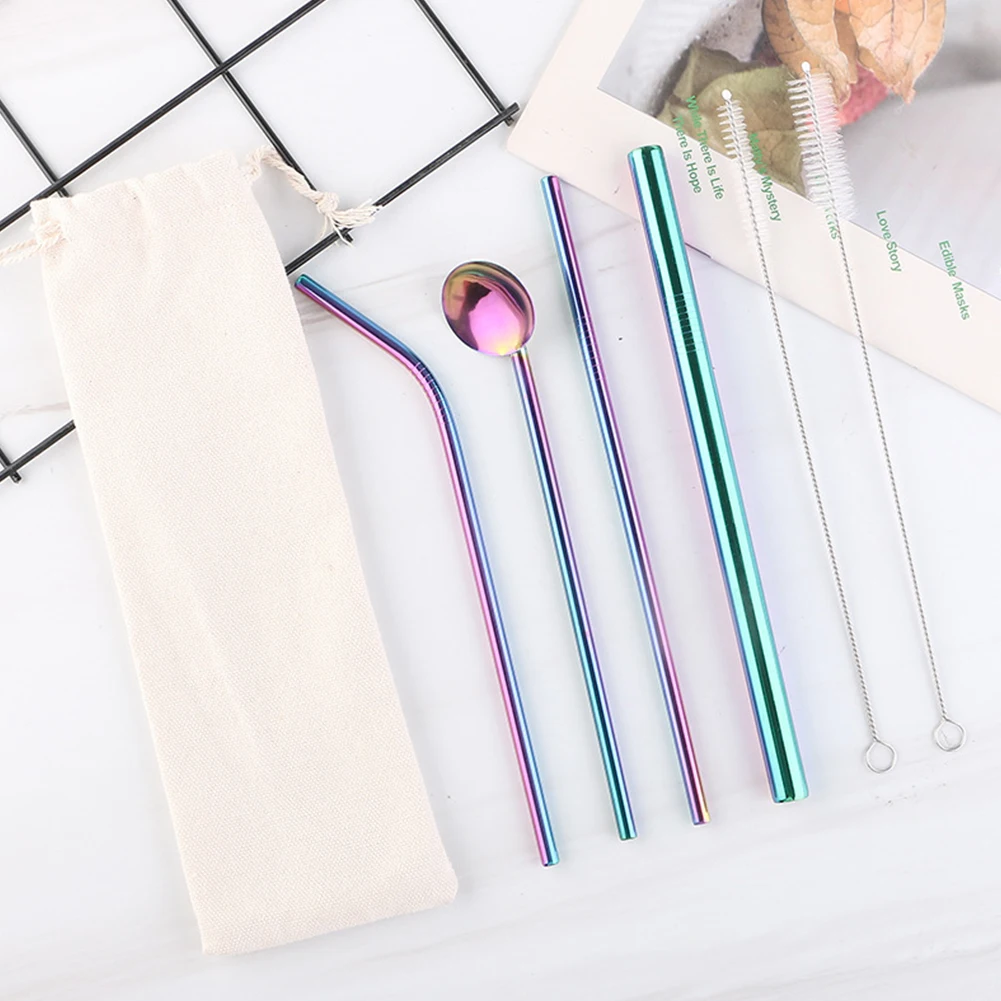 

7PCS Reusable Straws Metal Stainless Steel Drinking Straw Spoon Set With Brush Colorful Straws Bar Party Accessory