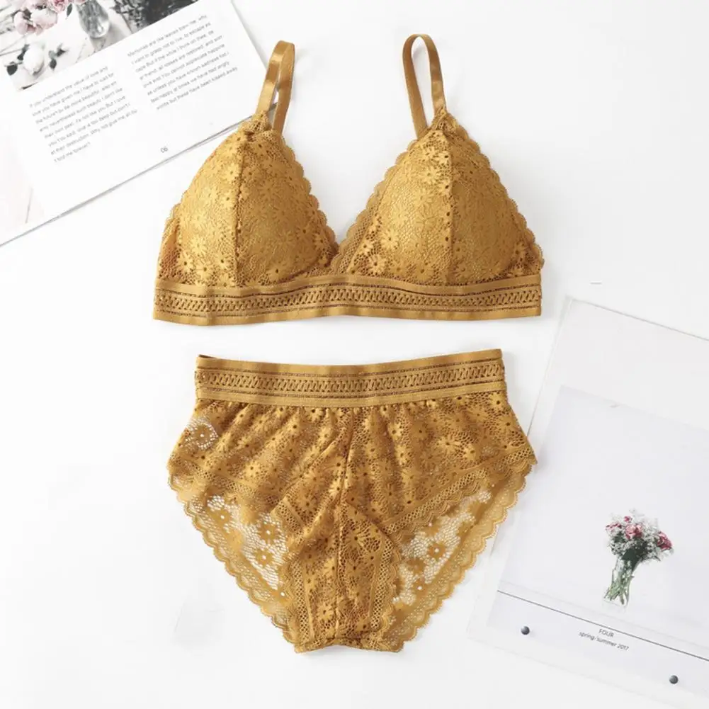 

Sexy Women Underwear Triangle Cup Push Up Solid Color Floral Lace Bra Briefs for Inside Wear