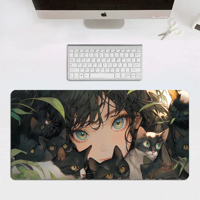 Коврик для мыши 90x40 Аниме Кот Большой Зеленый Девушка Настольный коврик