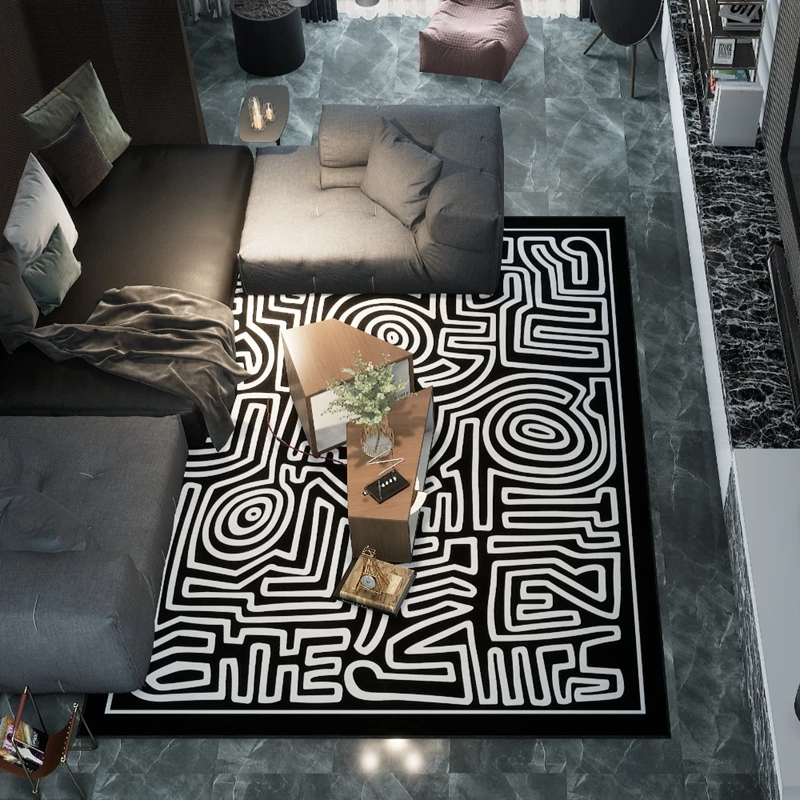 

Modern Simple Style Carpet Black and White Maze Geometric Lines Printed Home Decor Area Rugs Kitchen Bedroom Bedside Door Mat