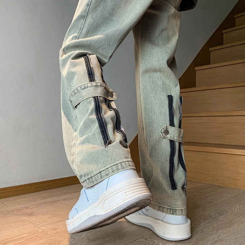 retro zip jeans men's loose straight leg casual jeans fashion denim trousers youth streetwear pantalon