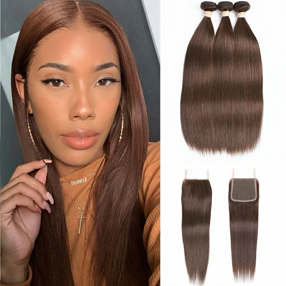 Luxe Diva 4# Light Brown Colour Hair Brazilian Straight  Human Hair Bundles With 4x4Closure Luxe Diva Remy Black women's Hair
