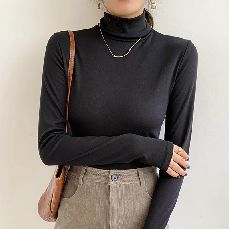 

T Shirts Women Long Sleeve Turtleneck Slim Thin Tops Female Solid Basic All-Match Casual Spring New Fashion T-Shirt Tees Femme