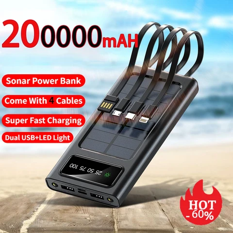 200000 mah Solar Power Bank Встроенный 4 кабеля Портативная быстрая зарядка Зарядное устройство большой емкости Powerbank для Iphone Samsung Huawei