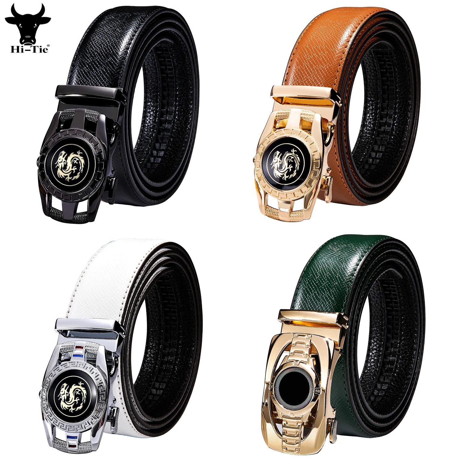 Black White Green Blue Orange Red Genuine Leather Mens Belts Ratchet Automatic Buckles Waistband for Men Dress Jeans 16 Colors