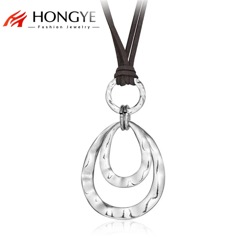 

HONGYE The Double Layer Retro Long Necklaces Women Trendy Fashion Jewelry Artificial Leather Rope 2 Circles Necklace & Pendant