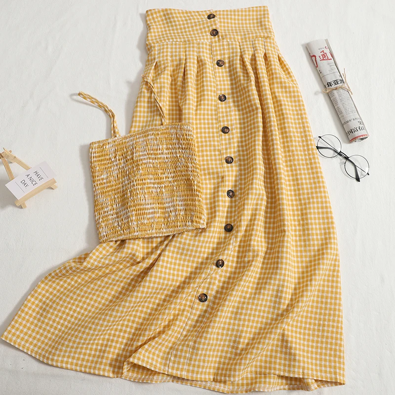 

Fashion Skirt suit women's summer holiday casual retro short vest suspenders + high waist breasted pleated skirt two-piece set