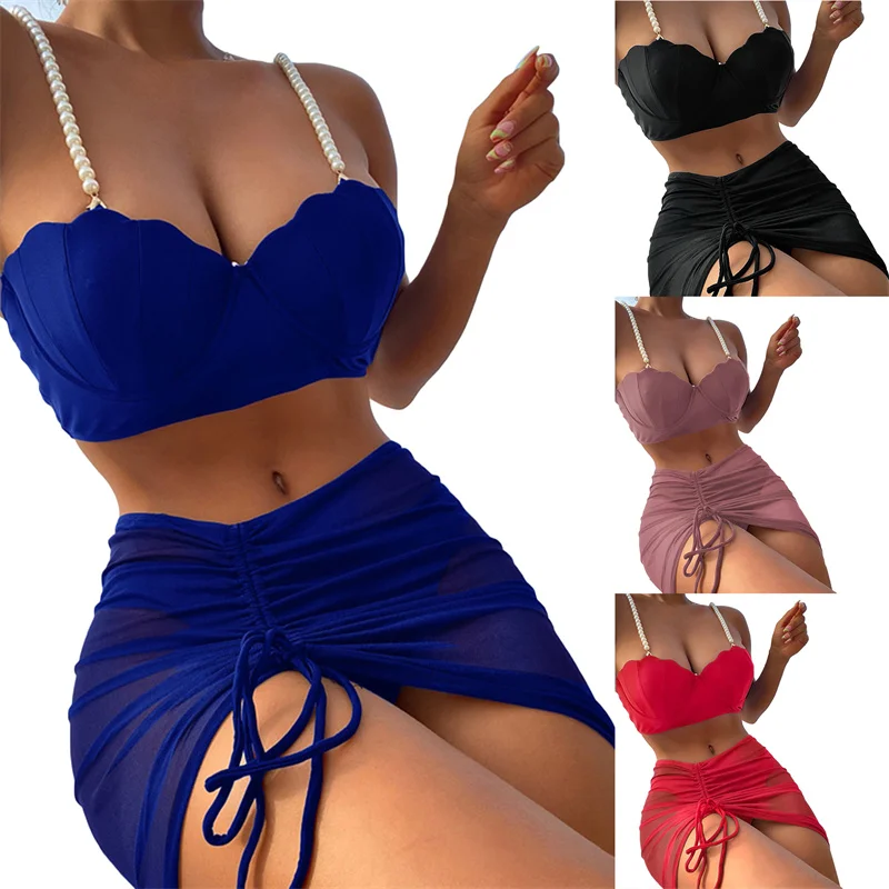 

Сексуальный комплект бикини из 3 предметов, женский купальник с юбкой, купальник, женское бикини пуш-ап 2023, пляжная одежда, купальный костюм с искусственным жемчугом
