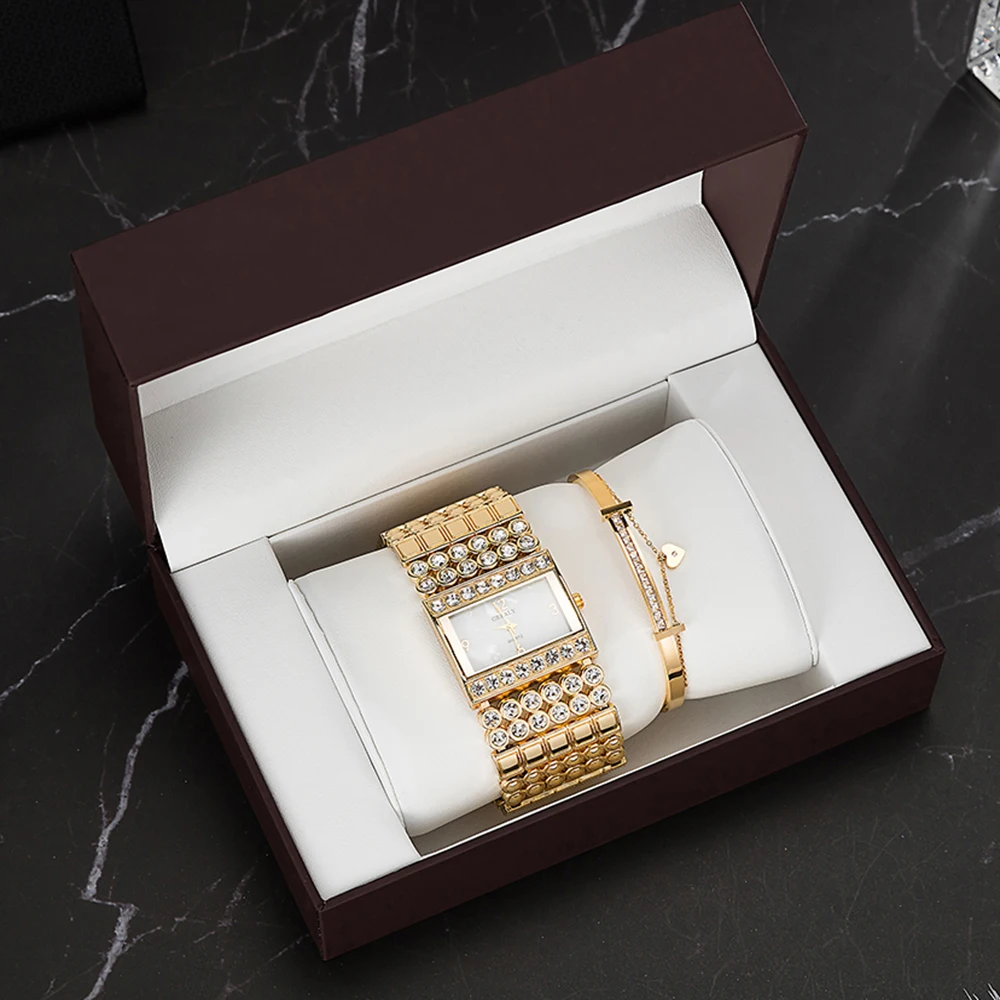 3PCS Top Quality Watches Stainless Steel Bracelet Fashion Women's Rhinestones Square case Watches wit Gift Watch box Set Bangle