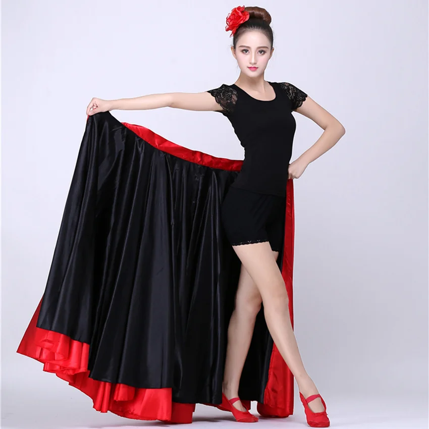 Red Black Satin Solid Spanish Flamenco Skirt Lace Up Female Dance Costumes 360-720 Degree Girls Ballroom Mother Daughter Dress images - 6
