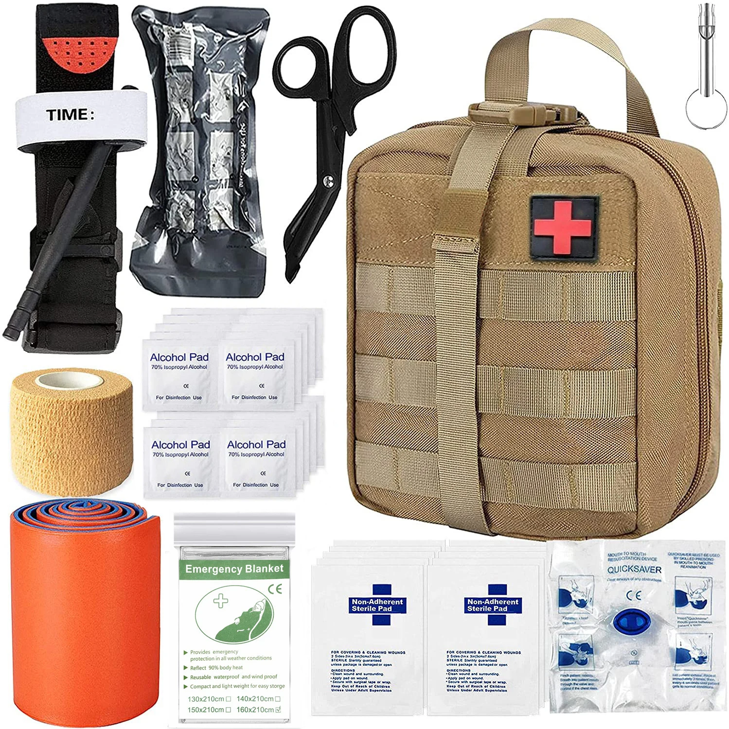 Survival Emergency First Aid Kits with Tourniquet Splint 6 Israeli Bandage Military Combat Tactical Molle IFAK for Trauma Wound