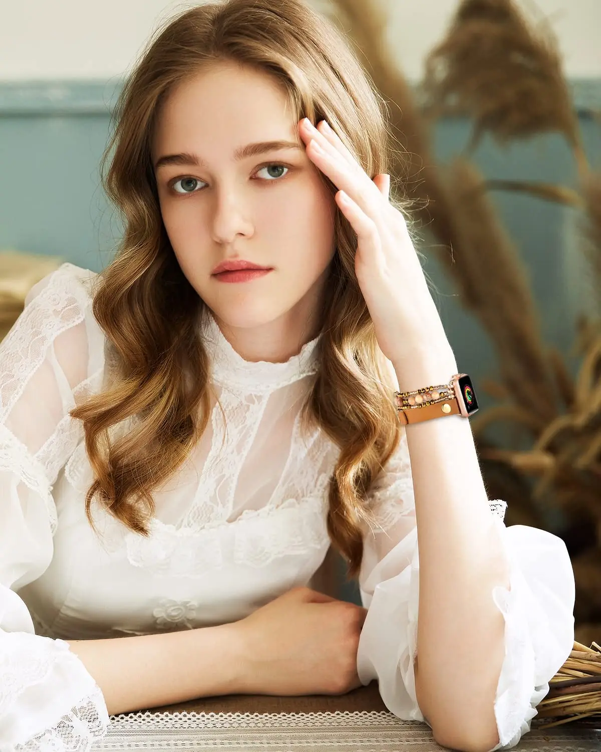 Leather Strap For apple watch Band 45mm 44mm 40mm 41mm Women Elastic Beaded band for iwatch Series 8 Ultra 7 se 6 5 4 3 Bracelet