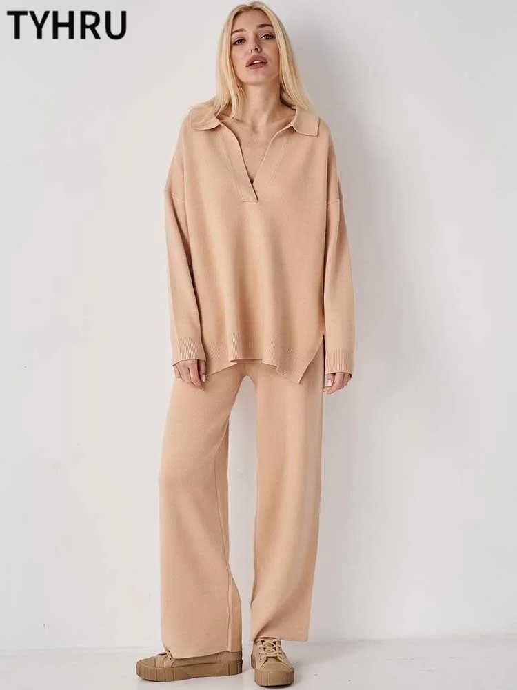 

Женские повседневные свободные вязаные костюмы TYHRU, однотонный пуловер с V-образным вырезом и длинным рукавом и брюки с широкими штанинами, ...
