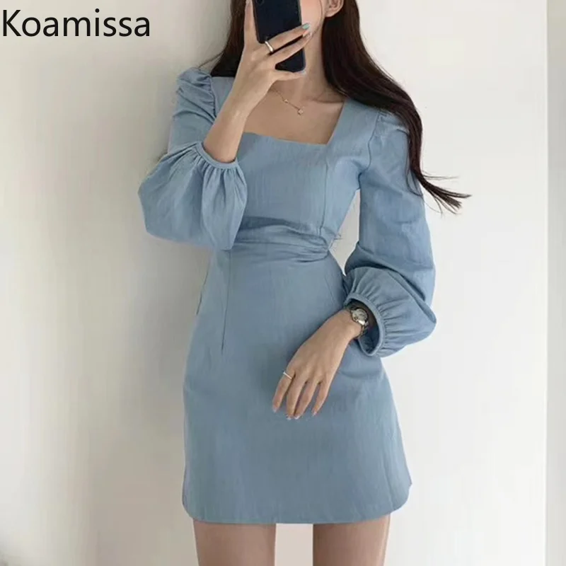 Koamissa 2022 Elegant Square Neck Women Dresse Solid Female Sexy Wrap Bodycon Dress Streetwear Long Sleeve Club Party Mini Dress